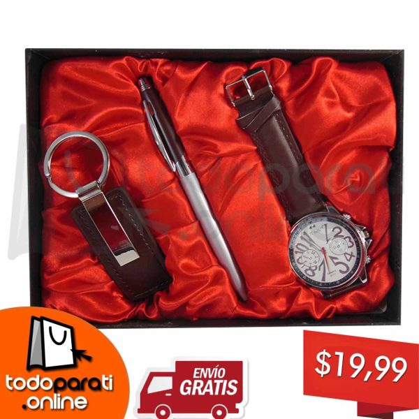 Kit 3 en 1 Reloj + Pluma + Correa o Llavero de Cuero