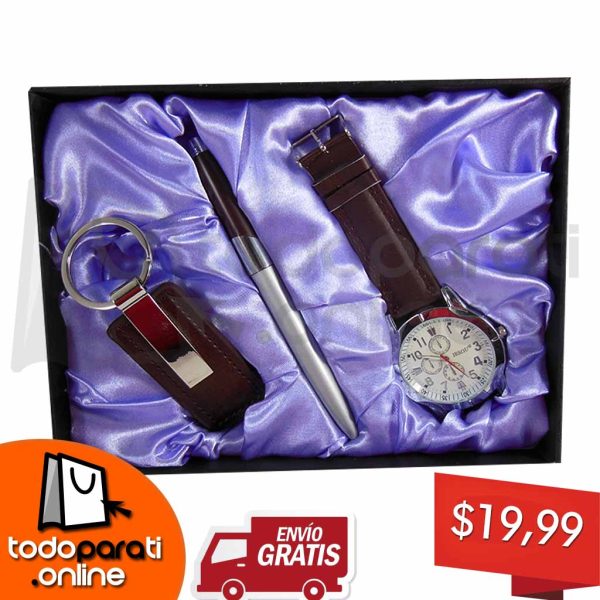 Kit 3 en 1 Reloj + Pluma + Correa o Llavero de Cuero
