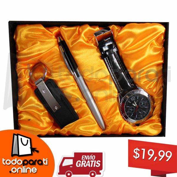 Kit 3 en 1 Reloj + Pluma + Correa o Llavero de Cuero