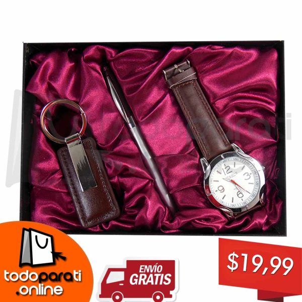 Kit 3 en 1 Reloj + Pluma + Correa o Llavero de Cuero
