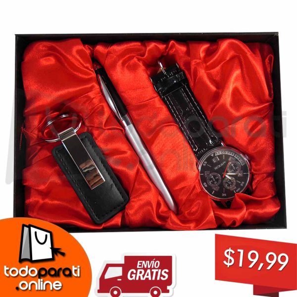 Kit 3 en 1 Reloj + Pluma + Correa o Llavero de Cuero