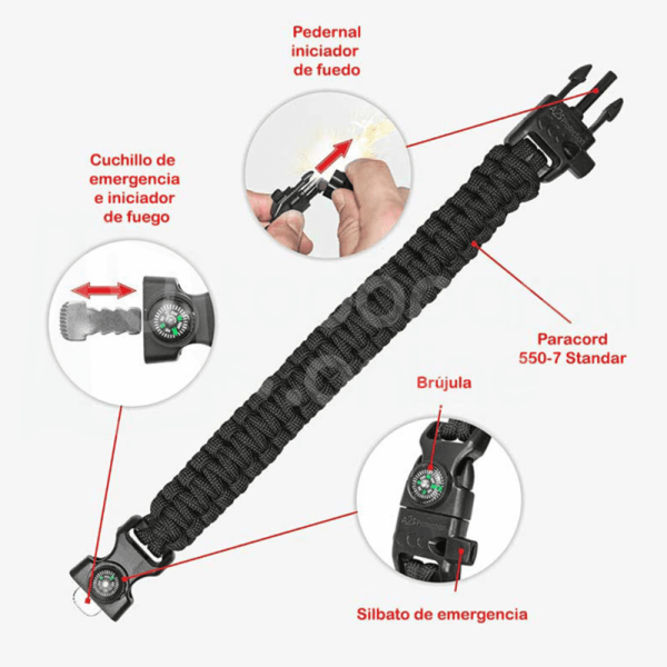Pulsera táctica 505 de supervivencia con Paracord, Brújula, Cuchilla, Silbato y Pedernal iniciador de fuego-3 Pulsera Táctica 505 Paracord